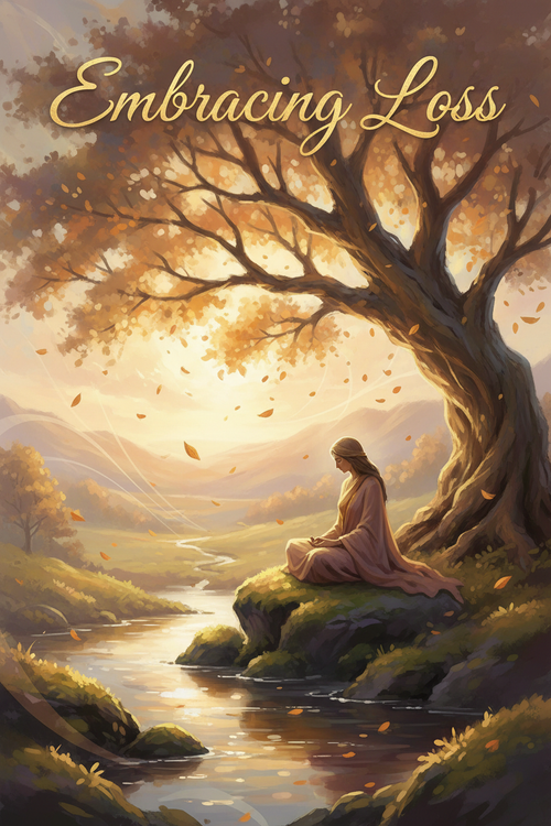 Embracing Loss book cover with warm amber and golden tones, peaceful figure in nature