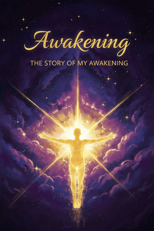 Awakening book cover with golden light and cosmic purple background