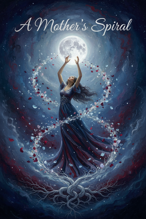 A Mother's Spiral book cover with midnight blue and burgundy tones, mother figure in a spiral of light and petals