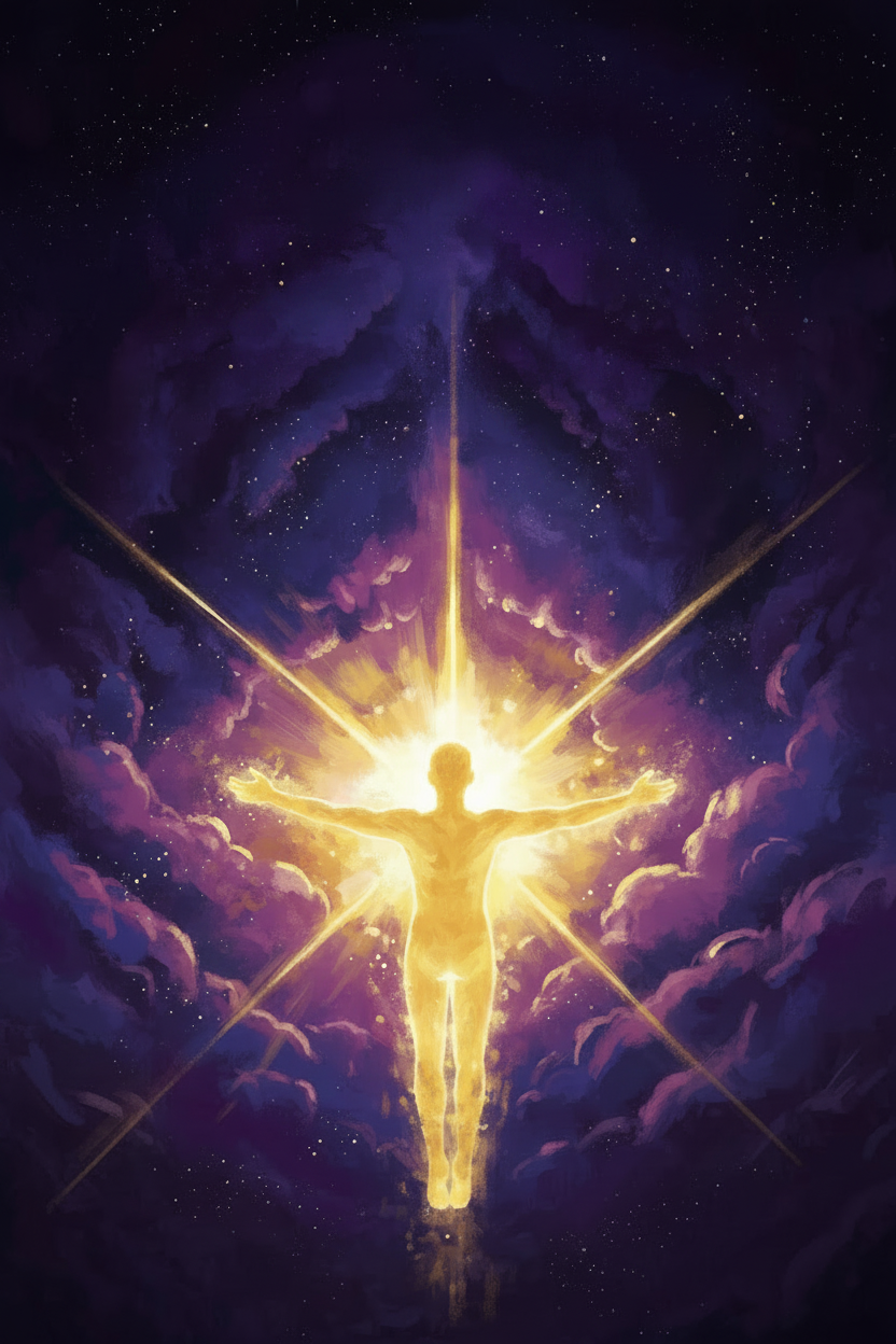 Awakening - glowing golden silhouette with arms outstretched, cosmic purple starry sky